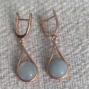 New Gold Over Sterling Silver Drop Dangle Earrings, Pastel Green Calchedony,